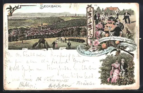 Lithographie Frankfurt-Seckbach, Ortsansicht, Paare bei einer Feier