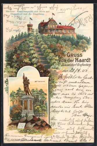 Lithographie Düsseldorf-Grafenberg, 39er Denkmal, Gasthaus Haardt