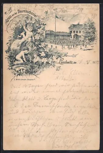 Lithographie Dresden-Loschwitz, Gasthaus Beerenschenke von der Strasse aus