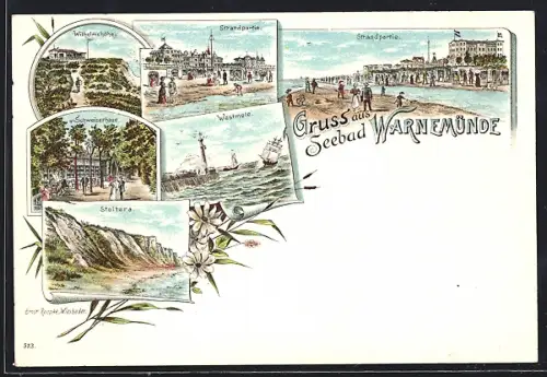 Lithographie Warnemünde, Gasthaus Schweizerhaus, Stoltera, Wilhelmshöhe, Strandpartie