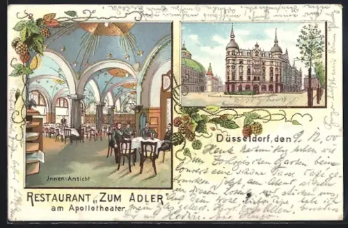 Lithographie Düsseldorf, Restaurant zum Adler am Apollotheater, Strassen- und Innenansicht