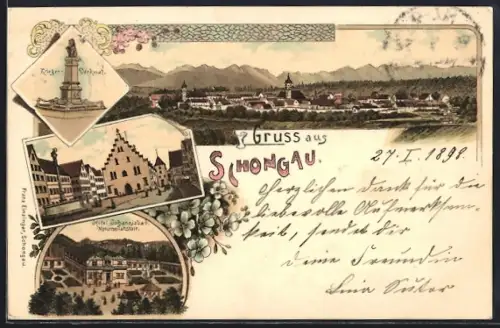 Lithographie Schongau, Hotel Johannisbad Naturheilanstalt, Krieger-Denkmal