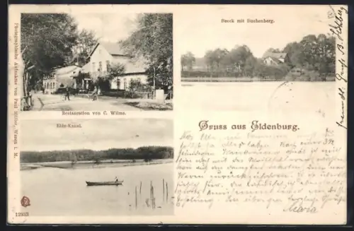 AK Eldenburg, Restaurant von C. Wilms, Elde-Kanal, Beeck mit Buchenberg