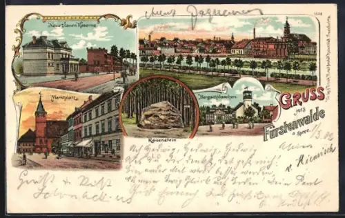 Lithographie Fürstenwalde a. Spree, Neue Ulanen Kaserne, Marktplatz, Rauenstein, Bergschlösschen