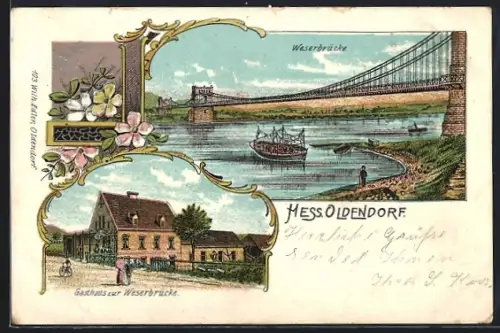 Lithographie Hess. Oldendorf, Gasthaus zur Weserbrücke, Weserbrücke
