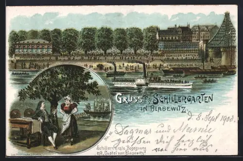 Lithographie Dresden-Blasewitz, Gasthaus Schillergarten am Fluss