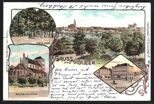 Lithographie Waren i. M., Kietz-Allee, Georgenkirche, Rathaus, Ortsansicht