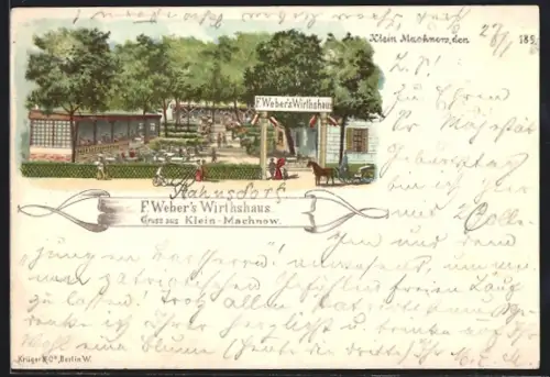Lithographie Klein-Machnow, F. Webers Wirtshaus mit Garten