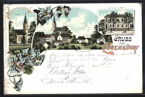 Lithographie Eggersdorf / Strausberg, Ortsansicht mit Kirche, Restaurant Tübbecke