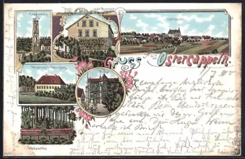 Lithographie Ostercappeln, Hotel der Gebr. Broermann, Windthorsts Geburtshaus, Capellenberg, Kirche und Waldpartie