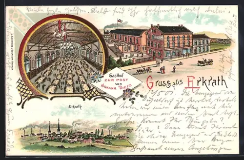 Lithographie Erkrath, Gasthof zur Post v. Johann Dietz mit Saal, Ortsansicht