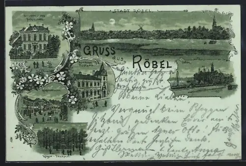 Mondschein-Lithographie Röbel / Müritz, Kaiserliches Postamt, Hafen, Krieger-Denkmal, Ortsansicht