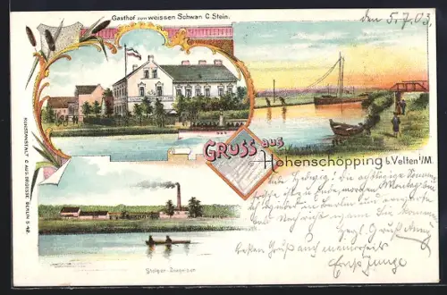 Lithographie Hohenschöpping b. Velten, Gasthof zum weissen Schwan von C. Stein, Ortsansicht, Flusspartie