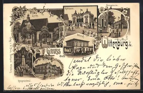 Lithographie Wittenburg i. M., Bahnhof, Kirche, Rathaus, Amtsgebäude