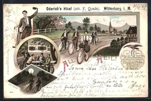 Lithographie Wittenburg i. M., Oderichs Hotel, Inh. F. Quade, Fahrradfahrer