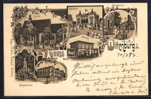 Lithographie Wittenburg i. M., Bahnhof, Kirche, Rathaus, Amtsgebäude