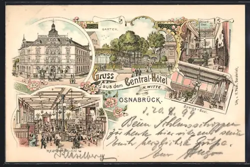 Lithographie Osnabrück, Central-Hotel v. H. Witte, Billard-Saal, Garten