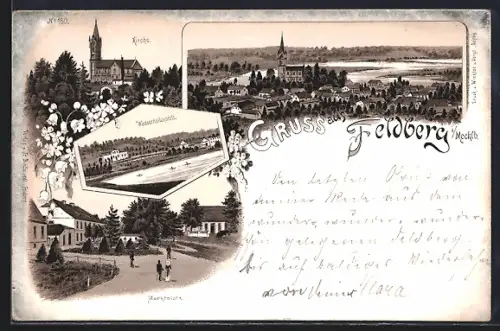 Vorläufer-Lithographie Feldberg i. Mecklb., 1895, Kirche, Wasserheilanstalt, Marktplatz