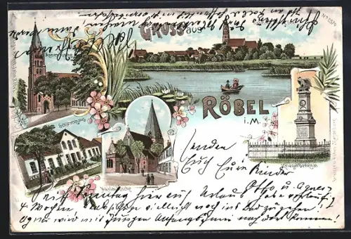 Lithographie Röbel i.M., Restaurant Schützenhaus, Kriegerdenkmal