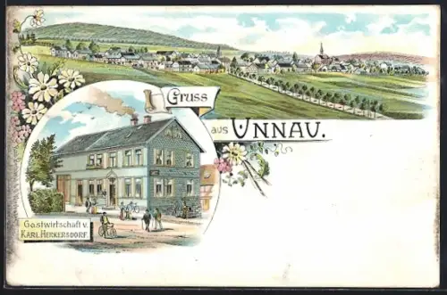 Lithographie Unnau, Gastwirtschaft v. Karl Herkersdorf, Ortsansicht