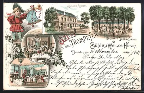 Lithographie Dresden-Bühlau, Gasthaus Trompeter, Bes. Gustav Jacob, Speisesaal, Garten