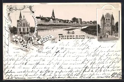 Lithographie Friedland i. Meckl., Marienkirche, Steinthor, Ortsansicht