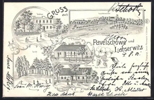 Lithographie Pawelschöne, Lahserwitz, Gasthaus v. C. Sommer, Gasthaus v. Paul Scheider, Schloss, Gruft