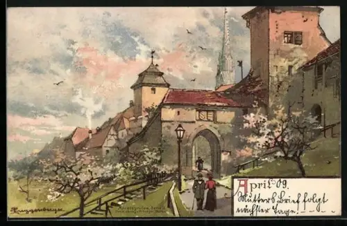 Künstler-AK T.Guggenberger: Monatsgrüsse, April, Stadtpanorama mit blühenden Bäumen