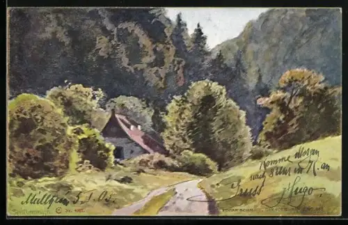 Künstler-AK August Splitgerber: Haus in einem Gebirgstal