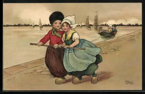 Künstler-AK Florence Hardy: Holländisches Pärchen zieht Boot mit Freunden