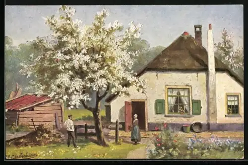 Künstler-AK Johan Georg Gerstenhauer: Bauernpaar vor ihrer Kate mit blühendem Baum