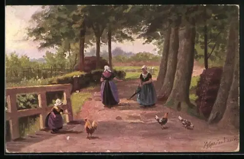 Künstler-AK Johan Georg Gerstenhauer: Frauen mit Hühnern und Kind