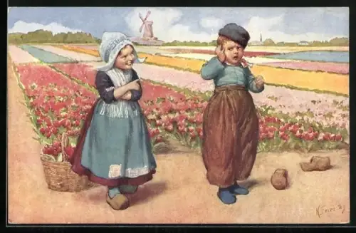 Künstler-AK Karl Feiertag: Niederländische Kinder vor Tulpenfeld