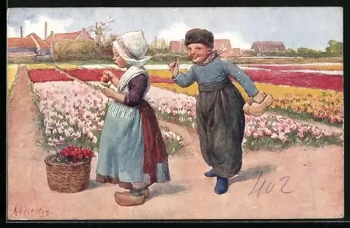 Künstler-AK Karl Feiertag: Niederländisches Paar auf Tulpenfeld