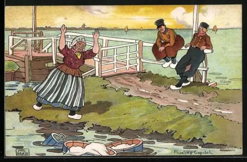 Künstler-AK Phil Raven: Niederländische Männer lachen über hysterische Waschfrau