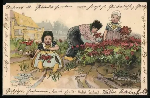 Künstler-AK Georg Mühlberg: Niederländische Kinder in Holzschuhen pflücken Blumen