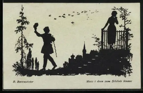 Künstler-AK R.Borrmeister: Silhouette eines Mannes beim Abscheid von seiner Frau