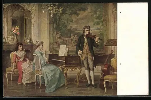 AK Frau unterbricht Klavierspiel, um Mann beim Geigespiel zu lauschen