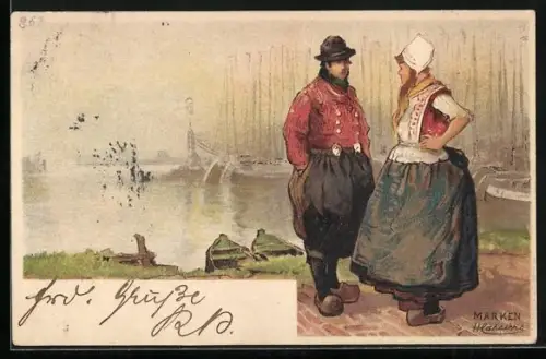 Künstler-AK H. Cassiers: Marken, niederländisches Paar am Hafen, Tracht