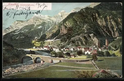 AK Amsteg, Blick auf den Ort und die Gotthardbahn
