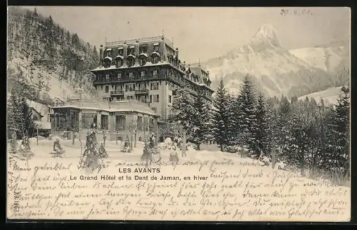 AK Les Avants, Le Grand Hotel et la Dent de Jaman, en hiver