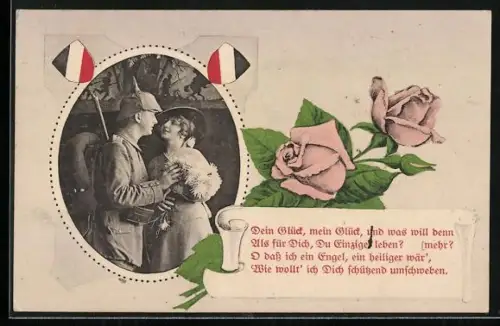 AK Soldat mit Pickelhaube und Frau im Passepartout mit Rosen und Gedicht