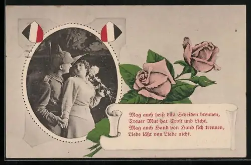 AK Soldat mit Pickelhaube und Frau im Passepartout mit Rosen und Gedicht