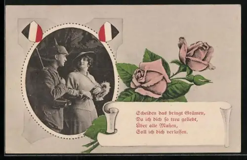 AK Soldat mit Pickelhaube und Frau im Passepartout mit Rosen und Gedicht