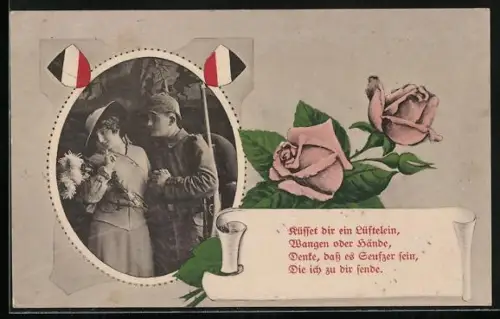 AK Soldat mit Pickelhaube und Frau im Passepartout mit Rosen und Gedicht