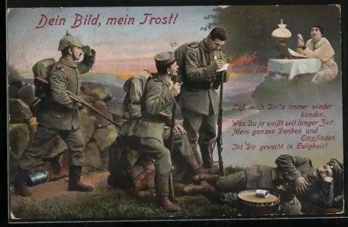 AK Soldaten gedenken im Lager ihrer Lieben, Dein Bild, mein Trost!