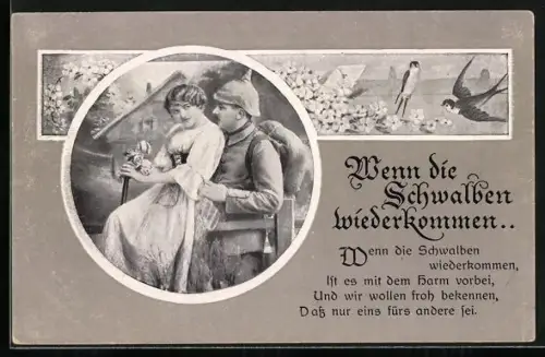 AK Frau auf dem Schoss von Soldat mit Pickelhaube im Schwalben-Passepartout
