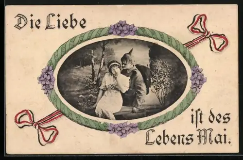 AK Soldat mit Pickelhaube und Frau in Idylle im Veilchen-Passepartout