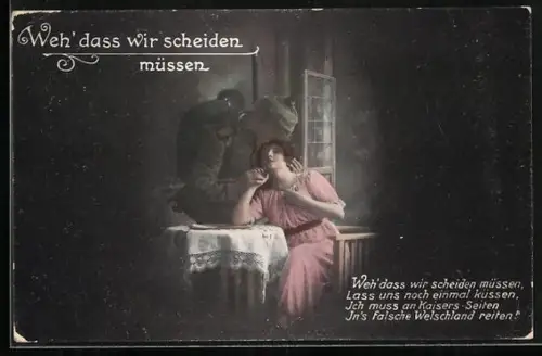 AK Soldat in Pickelhaube nimmt Abschied von seiner Frau, Weh` dass wir scheiden müssen