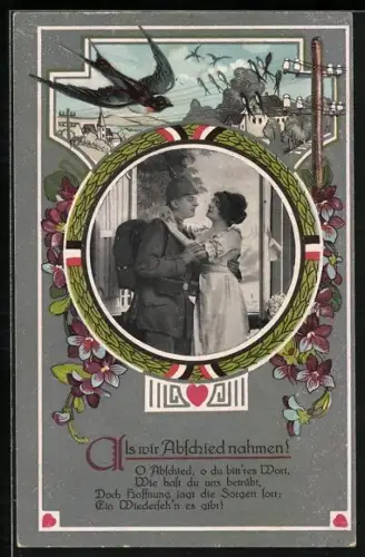 AK Soldat mit Pickelhaube und Frau im Schwalben-Passepartout, Als wir Abschied nahmen